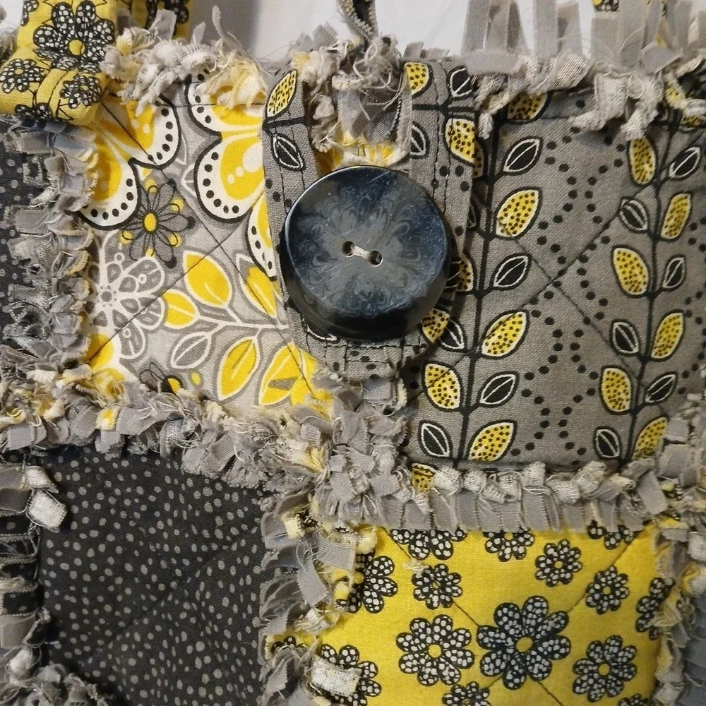 Handmade Quilted Bag Large With Button Closure Yellow Gray‎ And Black